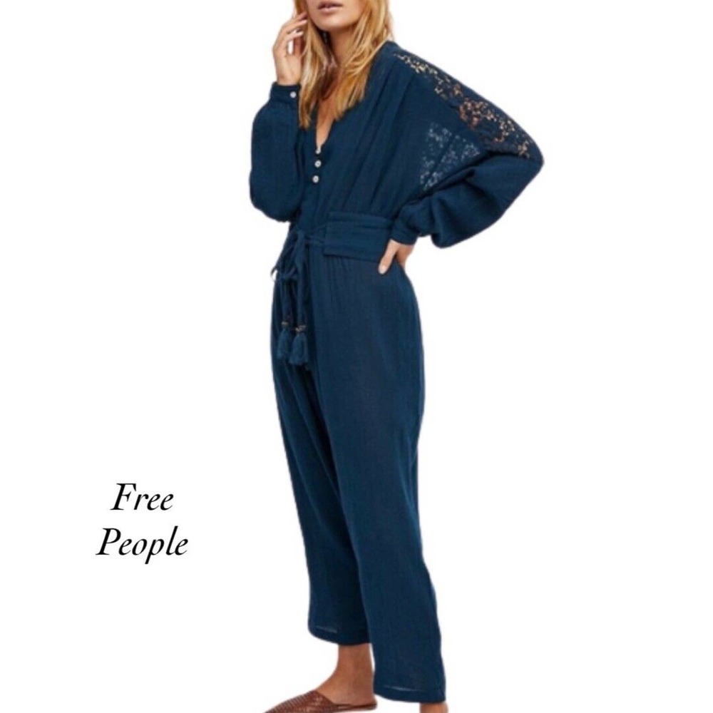 Free People Izzy Blue Turquoise Lace Gauze Belted Jumper Jumpsuit NWOT Size L